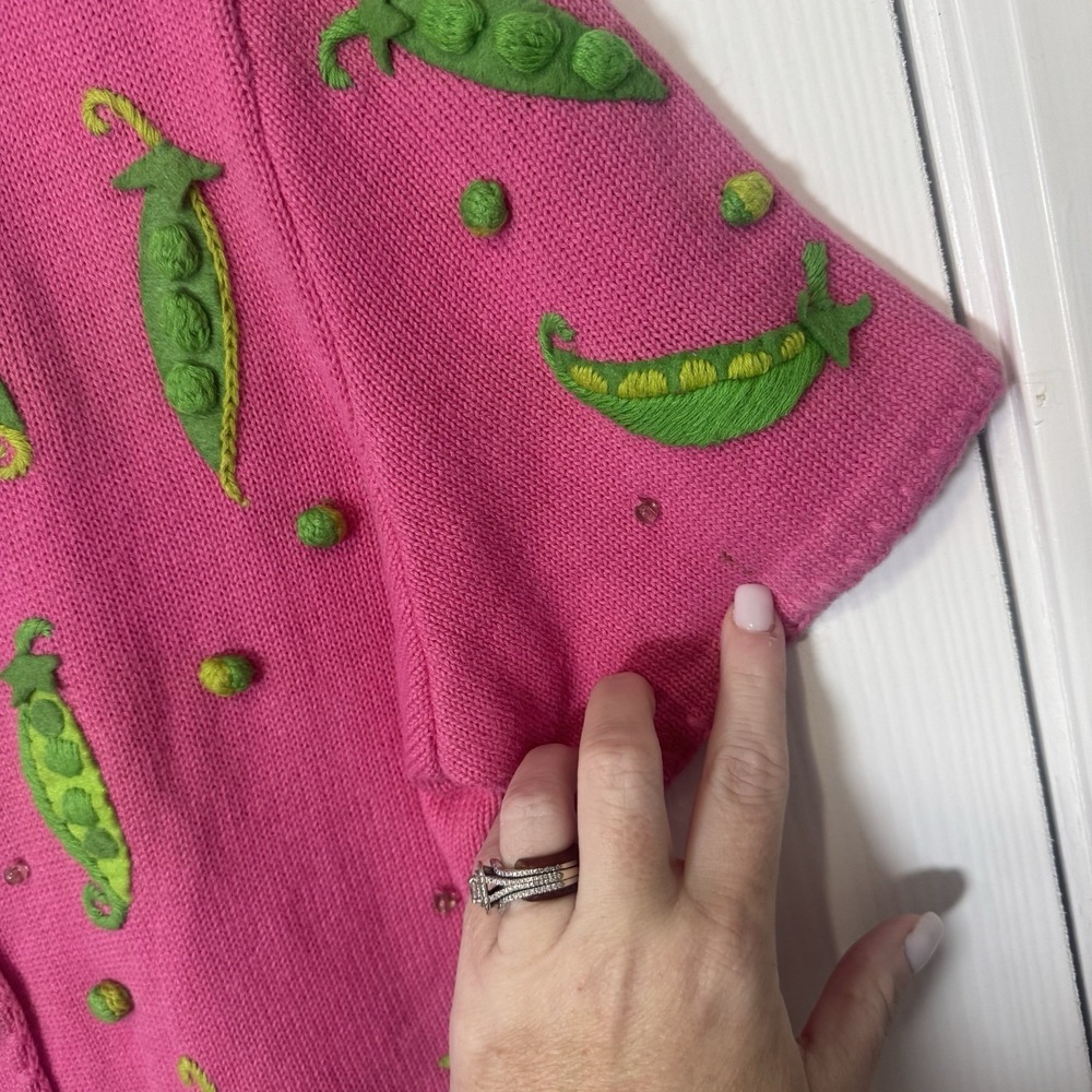 Vintage 90's Michael Simon Sequin Sweater Sz Medium M Peas Pink Green - Picture 2 of 5